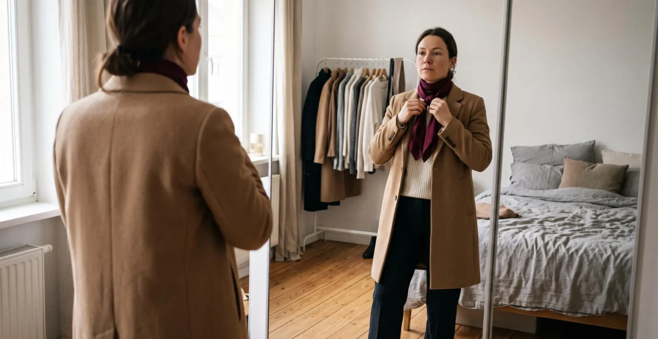 A woman adjusts a burgundy scarf over a neutral camel coat and cream sweater while checking her outfit in a full-length mirror.