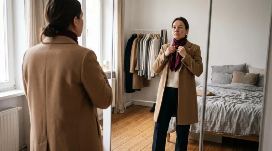 A woman adjusts a burgundy scarf over a neutral camel coat and cream sweater while checking her outfit in a full-length mirror.