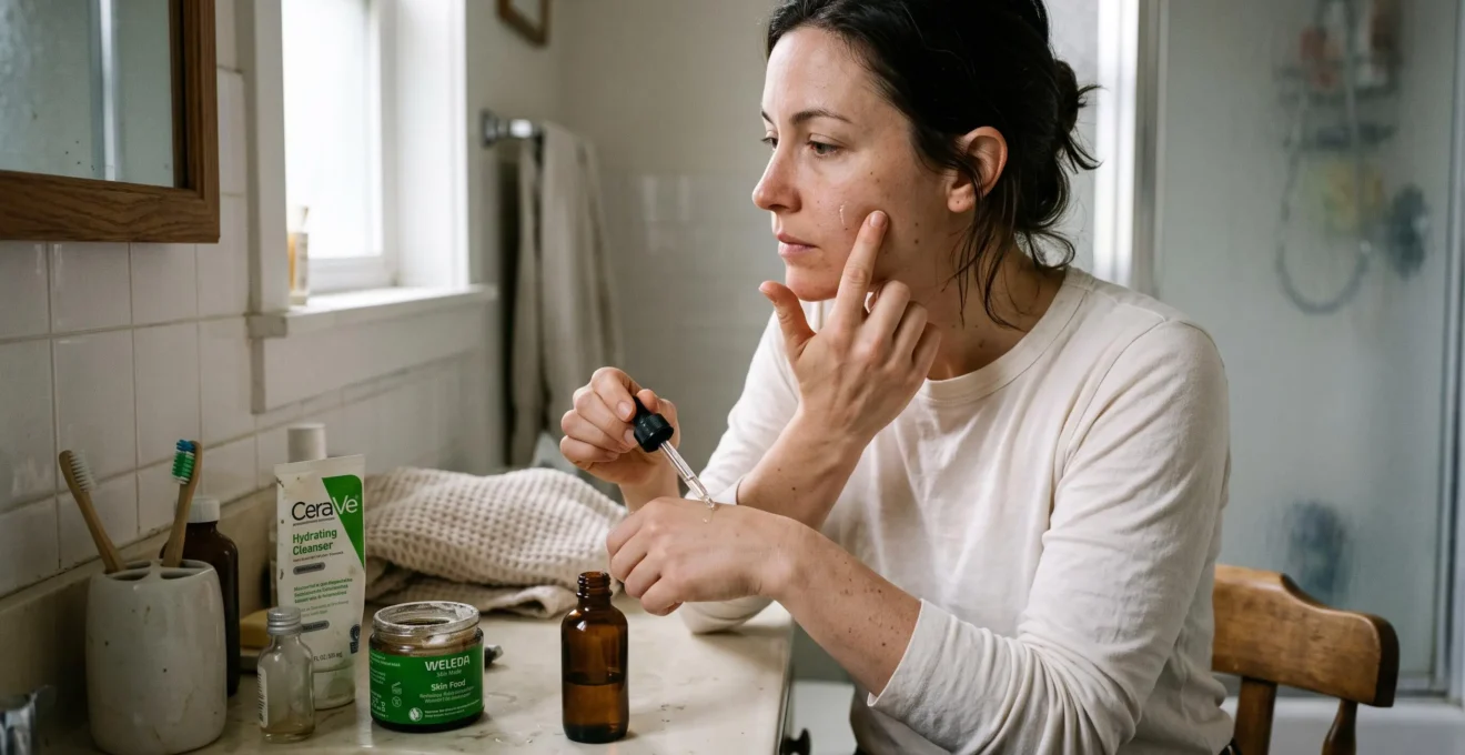 A woman applying a single drop of targeted serum to her cheek at a bathroom counter surrounded by a few skincare products.