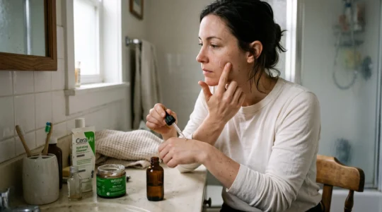 A woman applying a single drop of targeted serum to her cheek at a bathroom counter surrounded by a few skincare products.