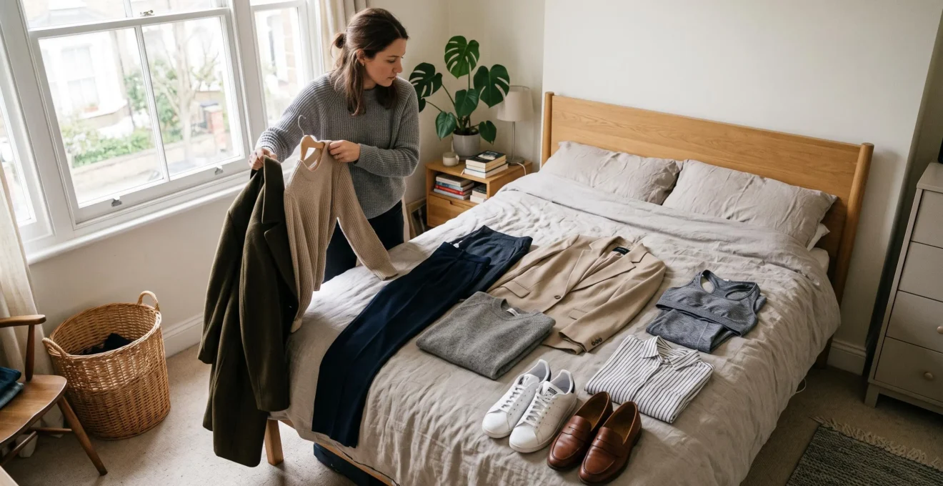 A woman lays out a compact capsule wardrobe on a bed, comparing a knit sweater with a coat and two pairs of shoes in natural morning light.