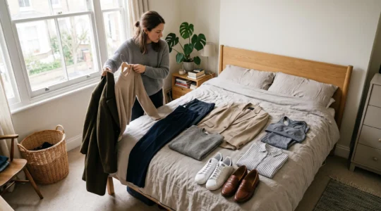A woman lays out a compact capsule wardrobe on a bed, comparing a knit sweater with a coat and two pairs of shoes in natural morning light.