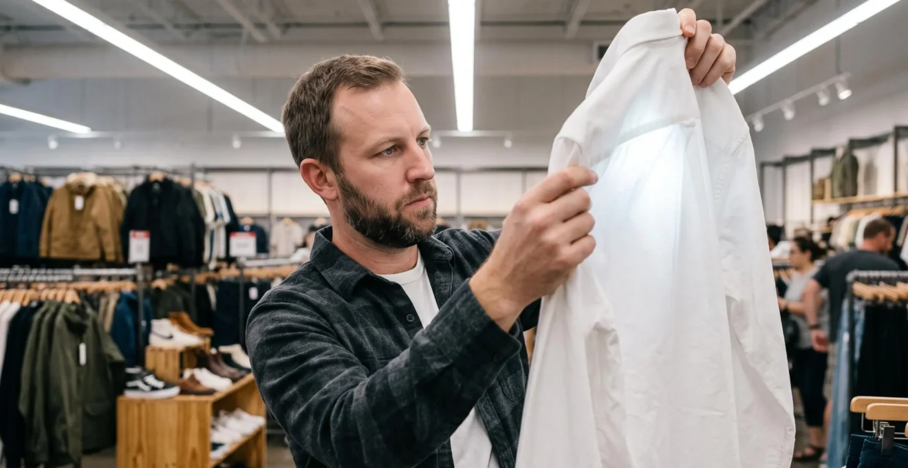 A shopper tilts a cotton shirt toward bright overhead store lighting to check the fabric weave before buying.