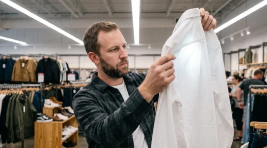 A shopper tilts a cotton shirt toward bright overhead store lighting to check the fabric weave before buying.