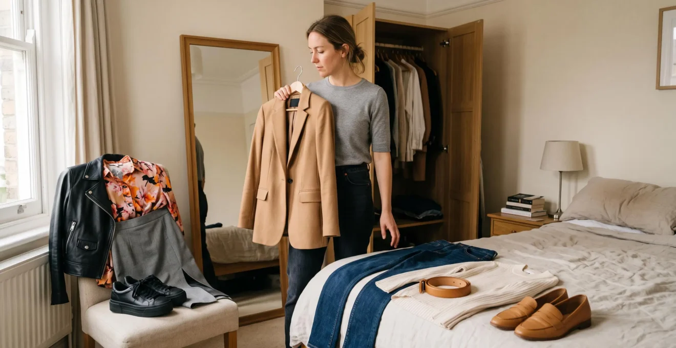 A woman holds a jacket against herself in front of a mirror while comparing two outfits laid out on a bed and a chair in a bedroom.
