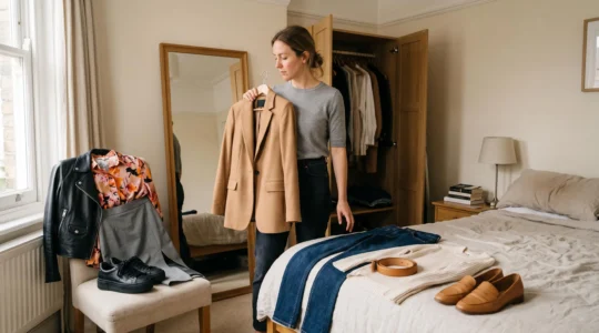 A woman holds a jacket against herself in front of a mirror while comparing two outfits laid out on a bed and a chair in a bedroom.