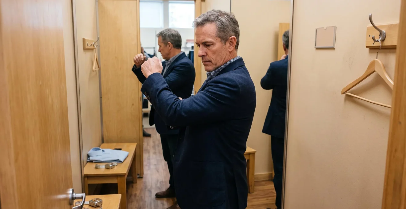 A man raising his arm in a fitting room mirror to check how the shoulder of his blazer pulls during movement.