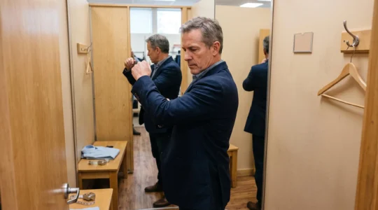 A man raising his arm in a fitting room mirror to check how the shoulder of his blazer pulls during movement.