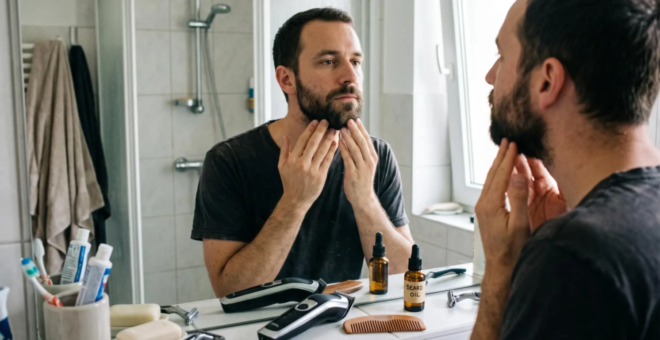 A man checks the evenness of his beard at a home bathroom mirror with a trimmer, comb and beard oil on the counter.