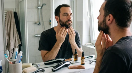 A man checks the evenness of his beard at a home bathroom mirror with a trimmer, comb and beard oil on the counter.