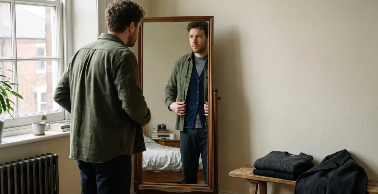 A man checks a three-layer outfit in a full-length mirror, adjusting the open overshirt over a shorter mid-layer to keep a clean, slim silhouette.