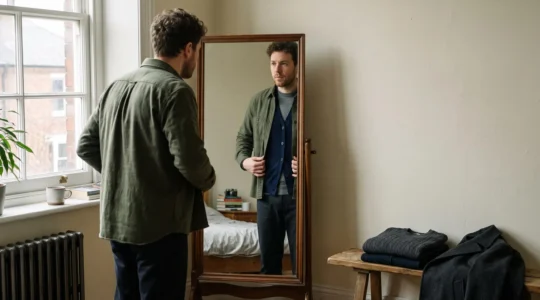 A man checks a three-layer outfit in a full-length mirror, adjusting the open overshirt over a shorter mid-layer to keep a clean, slim silhouette.