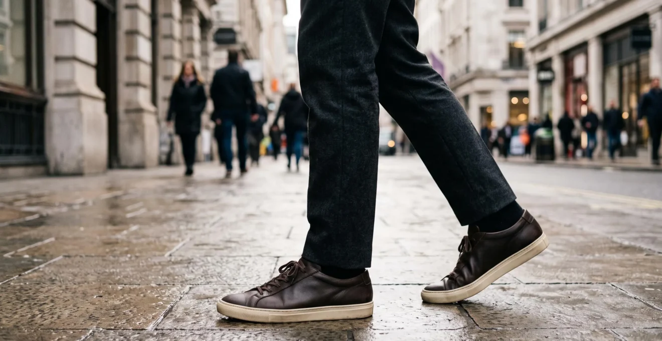A man wearing clean dark minimalist leather sneakers with tailored trousers, photographed from the knees down on a city pavement in soft morning light.