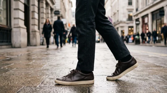 A man wearing clean dark minimalist leather sneakers with tailored trousers, photographed from the knees down on a city pavement in soft morning light.
