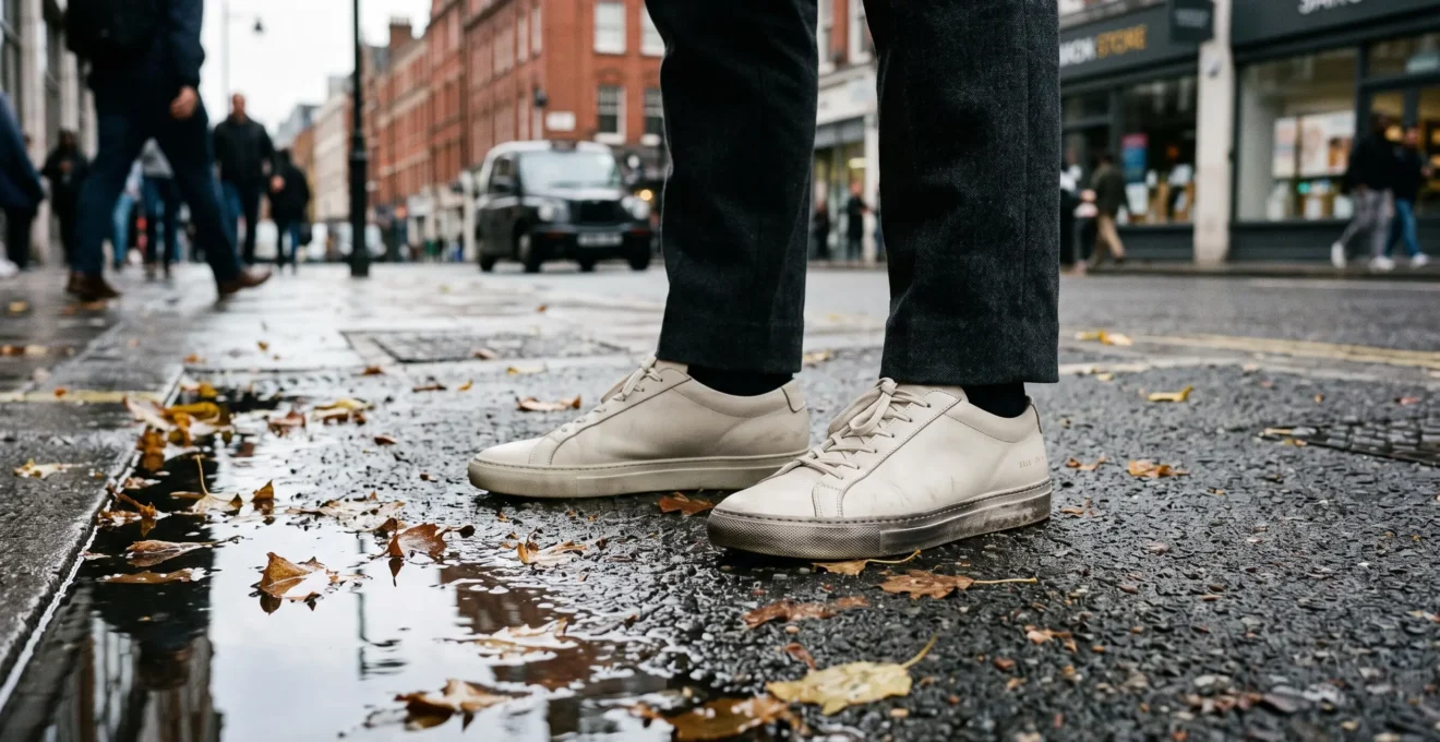 A commuter's off-white minimalist sneakers with a faint salt line on one shoe, worn with wool trousers on a wet pavement after rain.