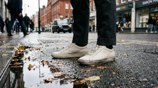 A commuter's off-white minimalist sneakers with a faint salt line on one shoe, worn with wool trousers on a wet pavement after rain.