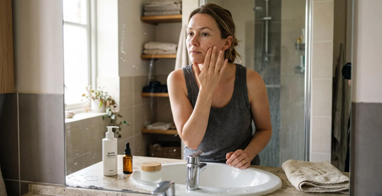 A woman applies moisturizer at a bathroom sink with only three skincare products lined up beside her.