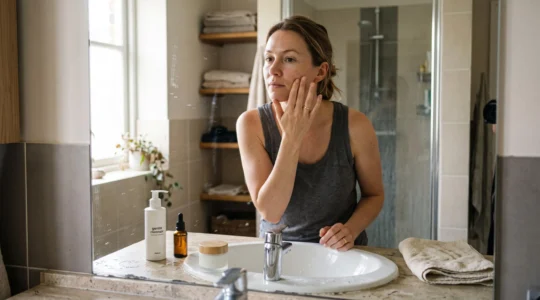 A woman applies moisturizer at a bathroom sink with only three skincare products lined up beside her.