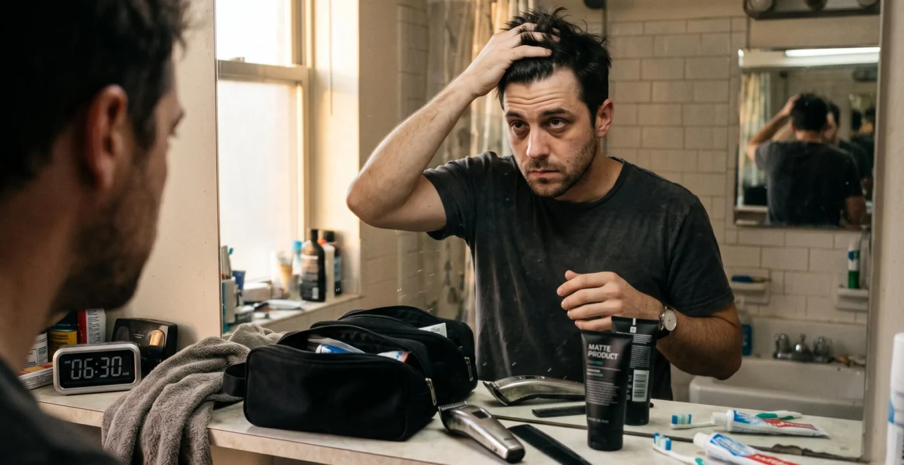 A sleep-deprived man styling his hair with his fingers at a bathroom mirror while a comb, trimmer and wash bag wait on the counter in early morning light.