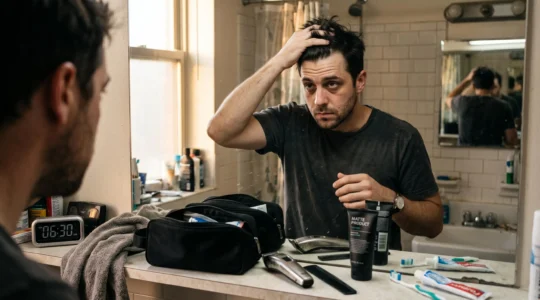 A sleep-deprived man styling his hair with his fingers at a bathroom mirror while a comb, trimmer and wash bag wait on the counter in early morning light.