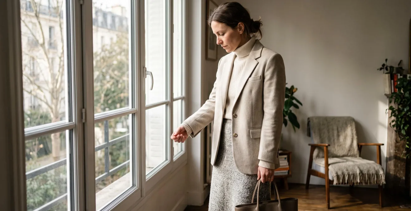 A woman in a neutral cream and grey outfit layers a matte blazer, ribbed knit and bouclé skirt near a window, with side light revealing the texture differences between fabrics.
