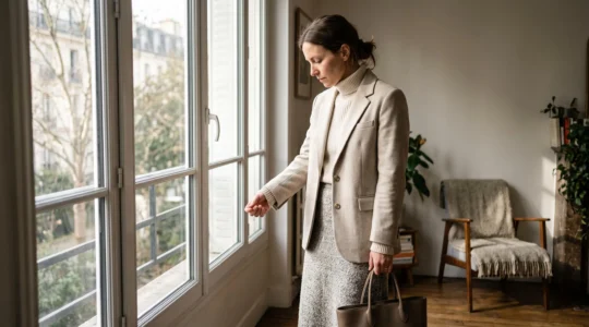 A woman in a neutral cream and grey outfit layers a matte blazer, ribbed knit and bouclé skirt near a window, with side light revealing the texture differences between fabrics.