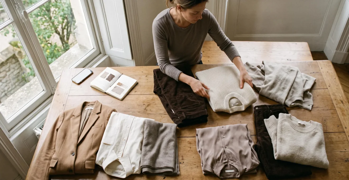 A woman sorting neutral-toned garments by undertone and texture on a wooden table in natural daylight.