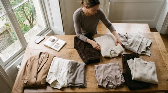 A woman sorting neutral-toned garments by undertone and texture on a wooden table in natural daylight.