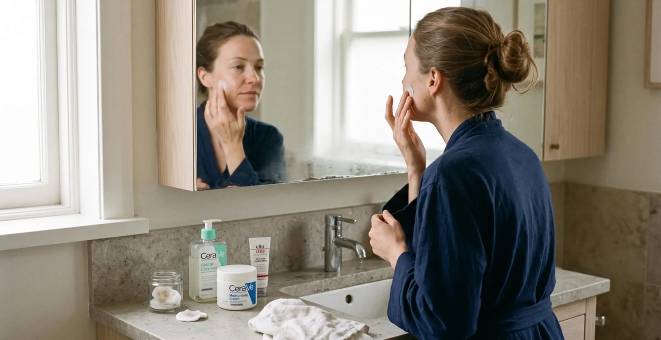 A woman applying a small amount of moisturizer to her cheek in front of a bathroom counter holding only a few basic skincare products.