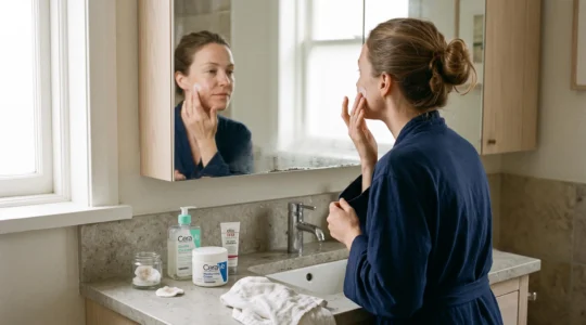 A woman applying a small amount of moisturizer to her cheek in front of a bathroom counter holding only a few basic skincare products.