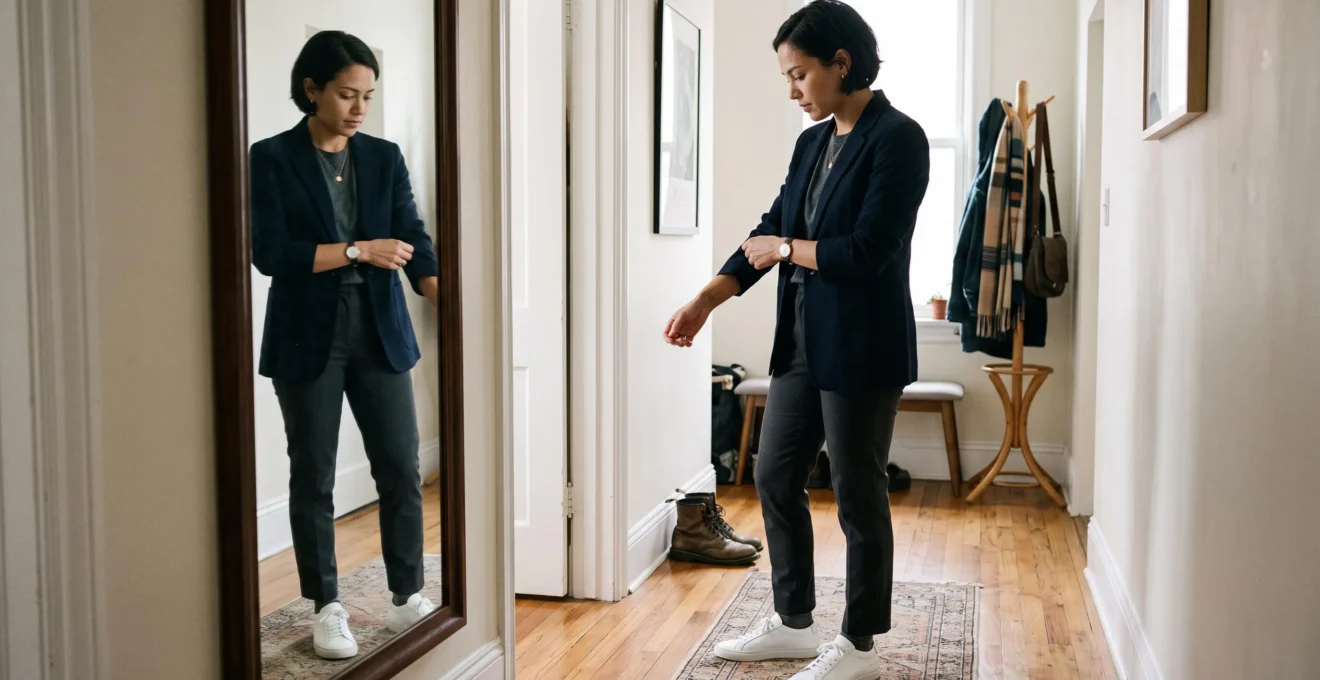 A person checking a full smart-casual outfit in a full-length mirror, wearing a blazer, t-shirt, trousers and leather sneakers.