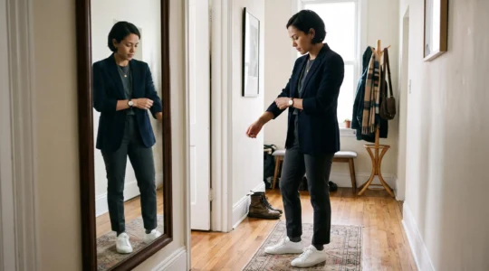A person checking a full smart-casual outfit in a full-length mirror, wearing a blazer, t-shirt, trousers and leather sneakers.