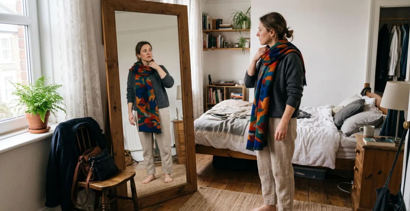 A woman adjusts a patterned scarf in front of her bedroom mirror while wearing a neutral outfit.