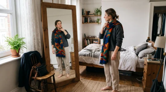 A woman adjusts a patterned scarf in front of her bedroom mirror while wearing a neutral outfit.
