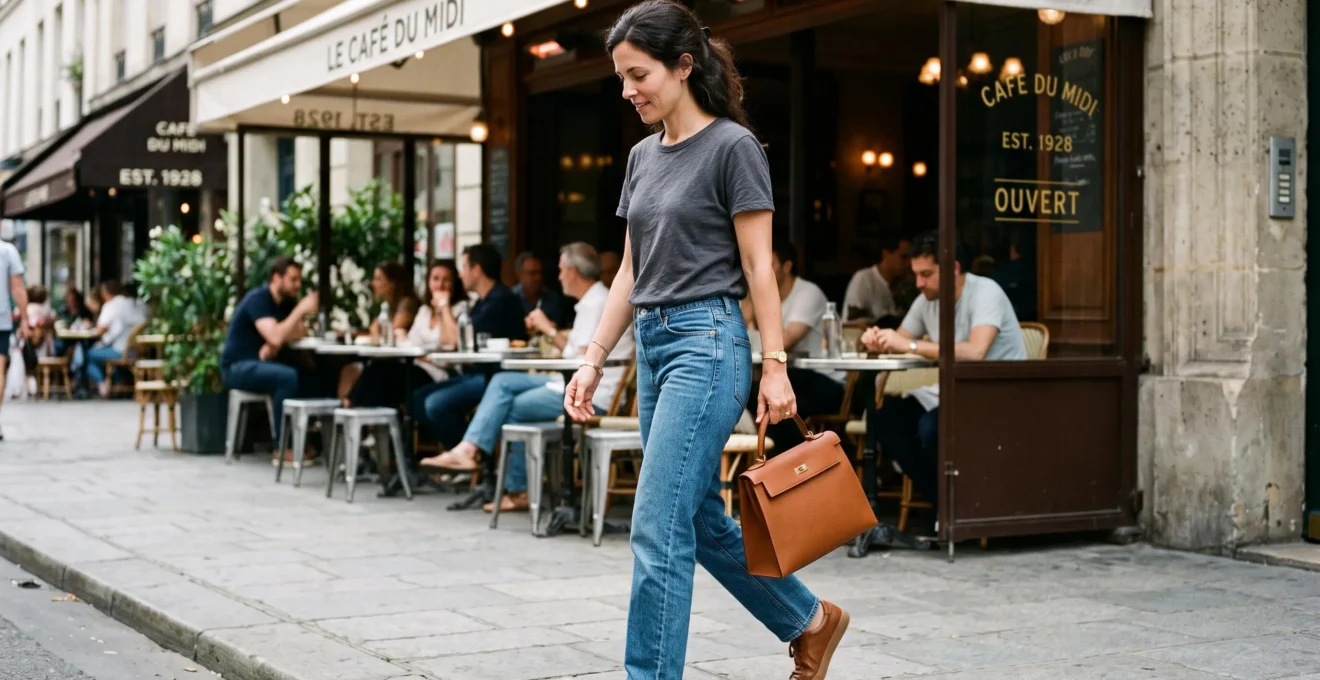 A woman in jeans and a t-shirt carries a structured cognac leather handbag on a city sidewalk, the bag holding its upright shape.