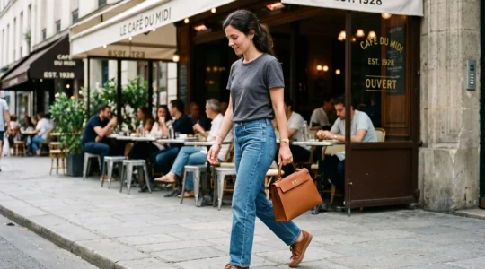 A woman in jeans and a t-shirt carries a structured cognac leather handbag on a city sidewalk, the bag holding its upright shape.