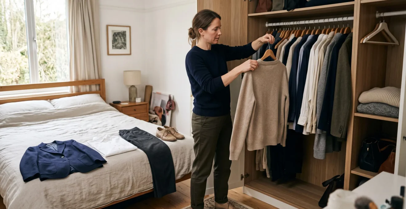 A woman holds a neutral sweater next to an open wardrobe while selected staples, shoes and a blazer are laid out on the bed.