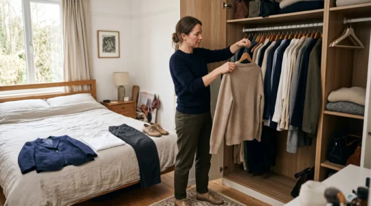 A woman holds a neutral sweater next to an open wardrobe while selected staples, shoes and a blazer are laid out on the bed.
