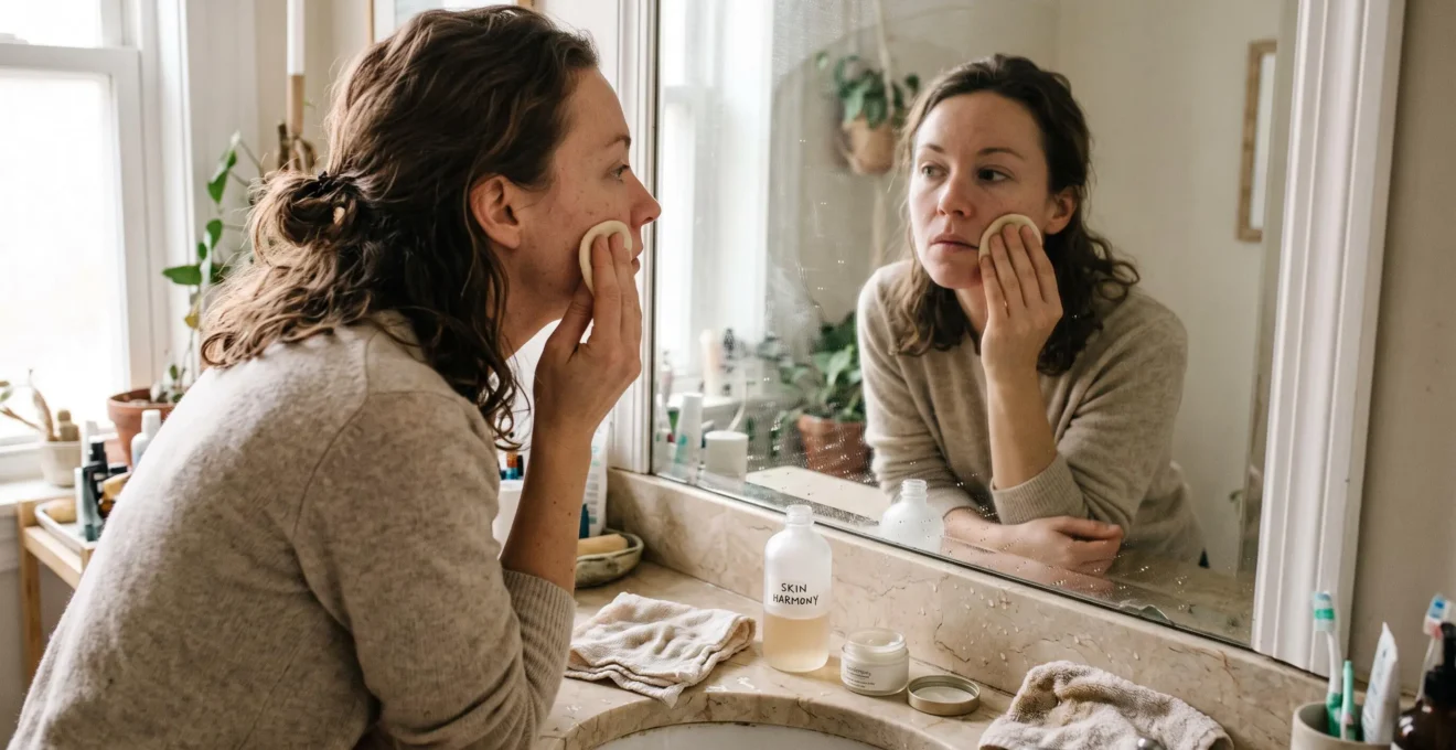 A woman applying liquid exfoliating toner to her cheek with a cotton pad at a bathroom sink in natural morning light.