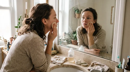 A woman applying liquid exfoliating toner to her cheek with a cotton pad at a bathroom sink in natural morning light.