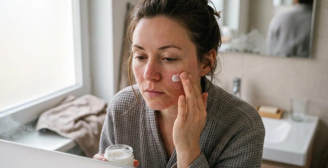 A woman with visibly red, dry, irritated skin gently applying a plain moisturizer with her fingertips in a softly lit bathroom.