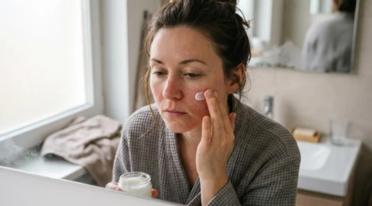 A woman with visibly red, dry, irritated skin gently applying a plain moisturizer with her fingertips in a softly lit bathroom.