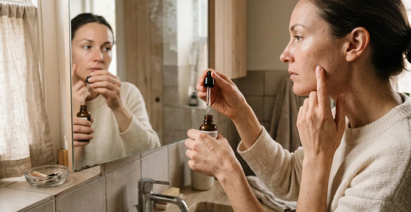 A woman applies a texture serum with a glass dropper to the back of her hand while checking her skin in a bathroom mirror.
