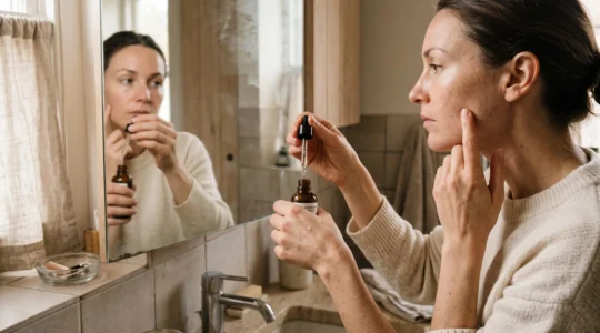 A woman applies a texture serum with a glass dropper to the back of her hand while checking her skin in a bathroom mirror.