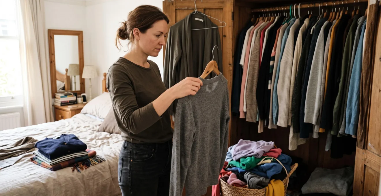 A woman at home holds a sweater on a hanger while auditing her open wardrobe, with folded and rejected clothes nearby.