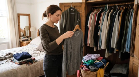 A woman at home holds a sweater on a hanger while auditing her open wardrobe, with folded and rejected clothes nearby.