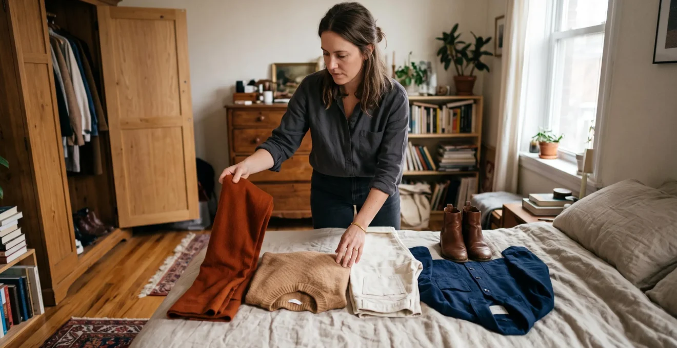 A woman lays out a small selection of clothing items on a bed, comparing the colors of a scarf against a sweater in morning daylight.