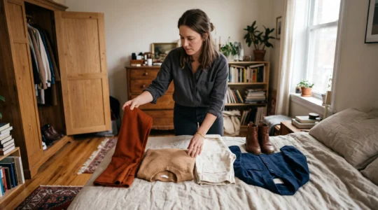 A woman lays out a small selection of clothing items on a bed, comparing the colors of a scarf against a sweater in morning daylight.