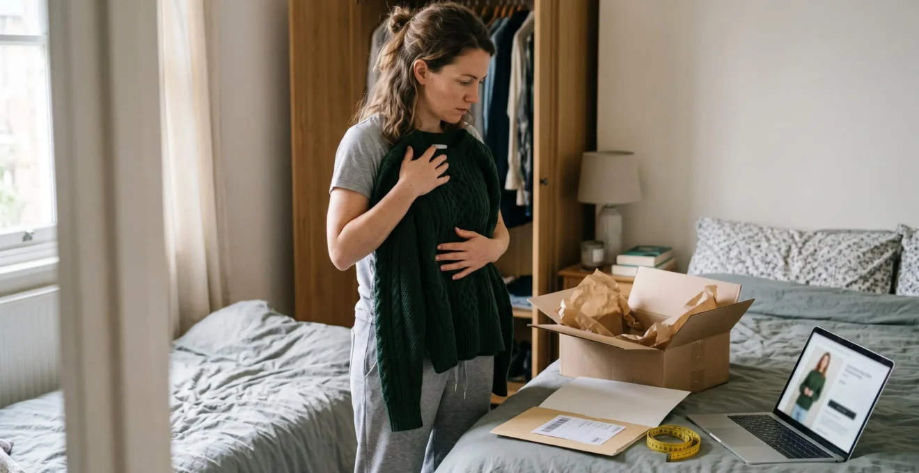 A woman compares a newly delivered sweater against a laptop showing the product page in her bedroom, with an open delivery box and tape measure on the bed.