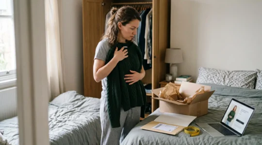 A woman compares a newly delivered sweater against a laptop showing the product page in her bedroom, with an open delivery box and tape measure on the bed.